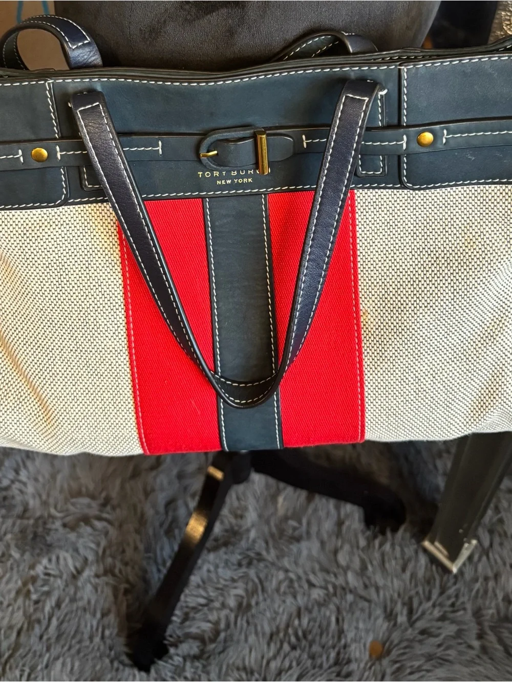 💕Tory Burch Canvas & Leather Shoulder Bag with Red Stripe‎